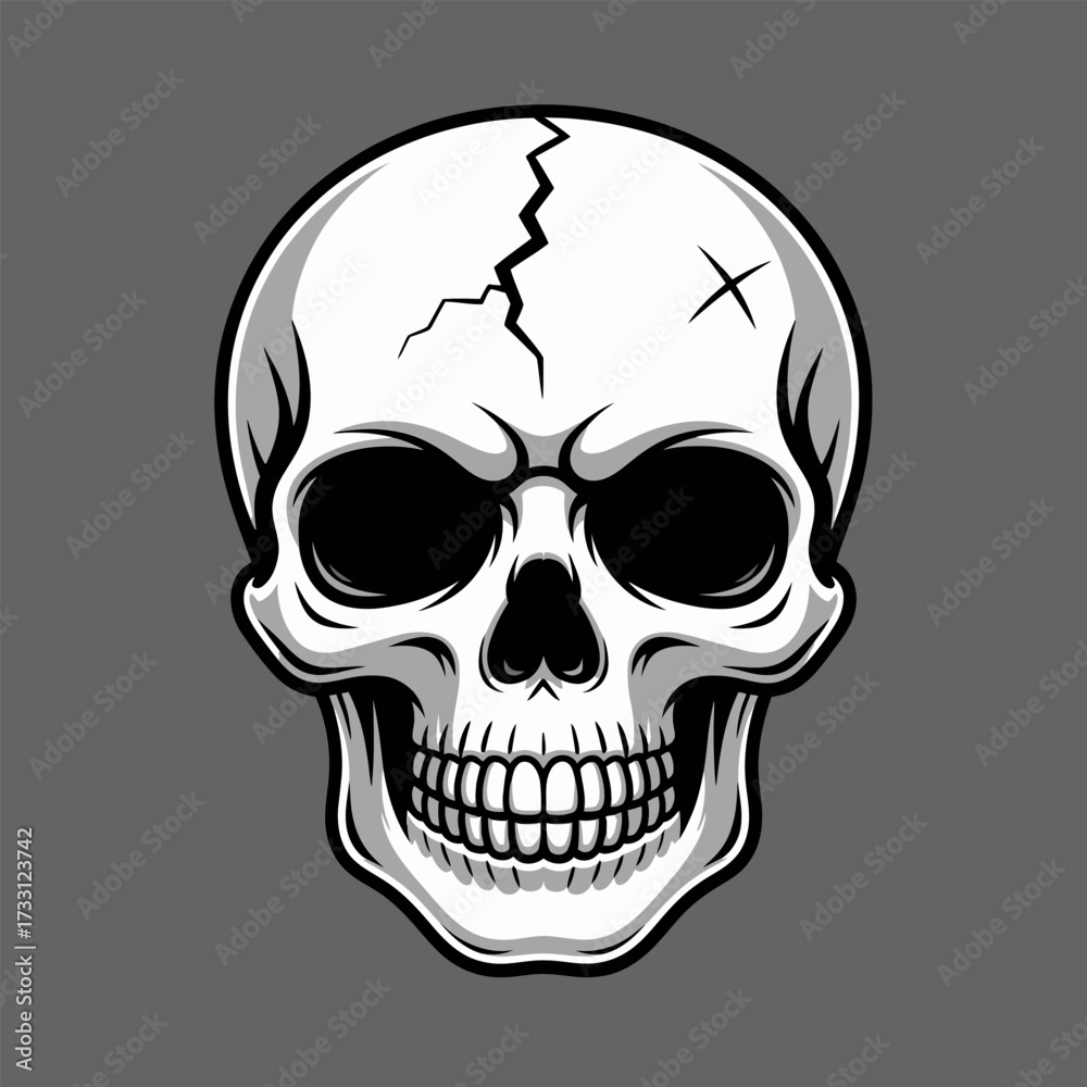 Fototapeta premium detailed human skull illustration, cracked forehead mark, monochrome engraving style, gothic emblem design, vintage horror tattoo vector