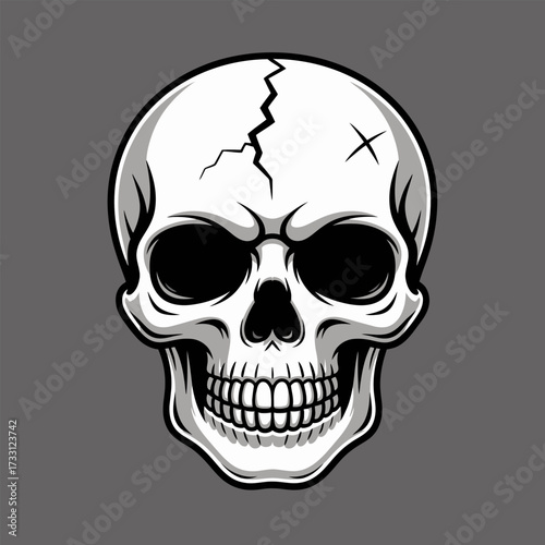 detailed human skull illustration, cracked forehead mark, monochrome engraving style, gothic emblem design, vintage horror tattoo vector