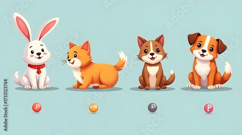 Adorable cartoon pets bunny cat and dogs sitting together ready for fun educational games and learning
