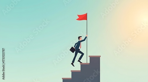 Businessman climbing stairs to success with flag, representing ambition and achievement in business world