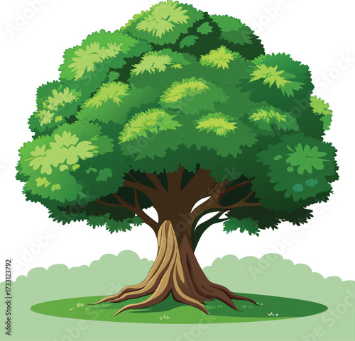 Vibrant green lush tree with thick trunk and spreading roots