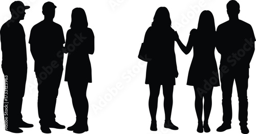 Silhouette of small group people standing together, men and women posing, teamwork, lifestyle, community, friendship, unity, casual fashion, social communicationSilhouette of small group people 