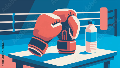 Illustration Of Boxing Gloves And A Drinking Bottle On A Table With A Ring Background Vector Design Template