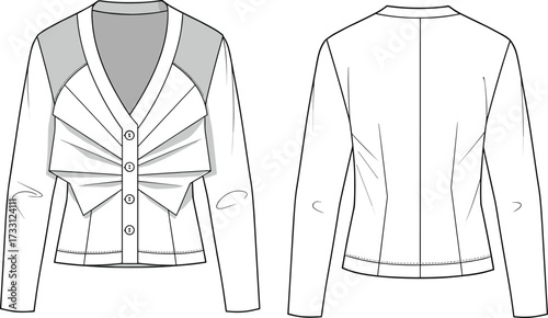 Elegant pleated bow front cardigan women fashion top technical garment template cad drawing flat vector illustration with sewing details