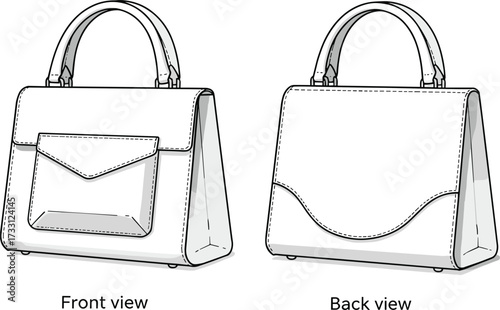 Elegant structured handbag with top handle front pocket and back curve seam fashion accessory cad drawing flat vector illustration