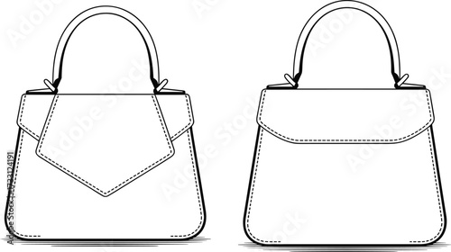 Elegant women handbag technical flat sketch front and back view fashion accessory template for designers, cad drawing flat vector illustration