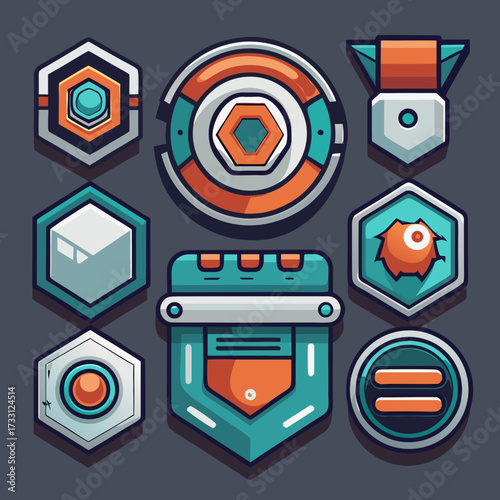 A kit of futuristic badge components that can be mixed and matched. Includes separate base shapes, status rings, data readouts, icon inserts, and connection ports. The style is clean, HUD-like, with m