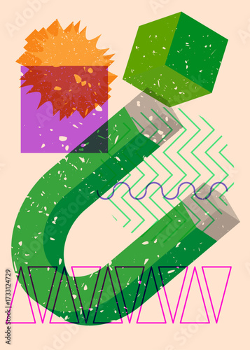 Risograph Magnet with geometric shapes. Objects in trendy riso graph print texture style design with geometry elements.