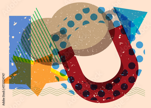 Risograph Magnet with geometric shapes. Objects in trendy riso graph print texture style design with geometry elements.