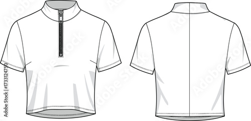 Half zip high neck short sleeve cropped t shirt fashion cad drawing flat vector apparel technical design template for designers
