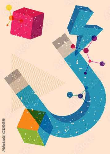 Risograph Magnet with geometric shapes. Objects in trendy riso graph print texture style design with geometry elements.