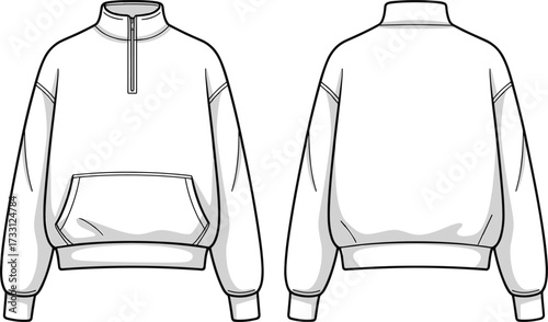 Half zip mock neck sweatshirt fashion flat sketch with kangaroo pocket front and back view, casual streetwear cad drawing flat vector illustration