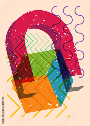 Risograph Magnet with geometric shapes. Objects in trendy riso graph print texture style design with geometry elements.