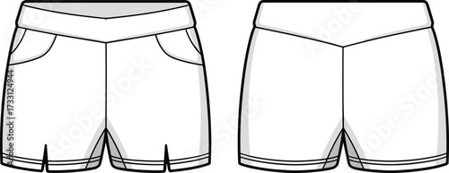 High waist shorts cad drawing flat vector illustration showing fashionable technical design template for stylish summer women apparel and clothing pattern