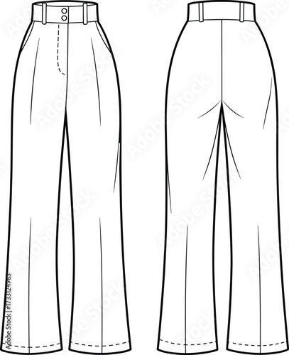 High waist wide leg tailored trousers technical fashion flat sketch front and back view cad drawing sewing pattern vector illustration design