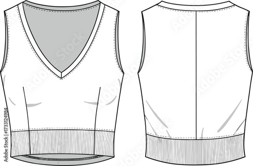 Fashion sleeveless V neck cropped vest top technical flat CAD drawing vector illustration with ribbed hem front and back view