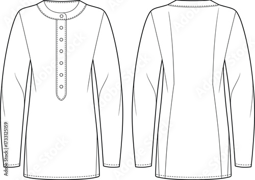 Long sleeve tunic top with round neck and front button placket fashion technical sewing pattern cad drawing flat vector illustration