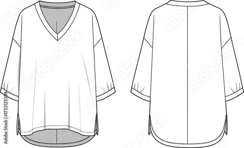 Loose fit oversized v neck half sleeve casual tunic top CAD drawing flat vector fashion illustration for technical design