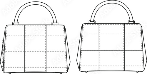 Luxury stitched leather handbag front and back technical sketch fashion accessory design template cad drawing flat vector illustration