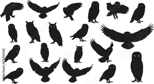 Collection of owl silhouettes, flying bird vector, nocturnal animal illustration, forest wildlife design, predator bird artwork, black night bird shapesCollection of owl silhouettes, flying bird 