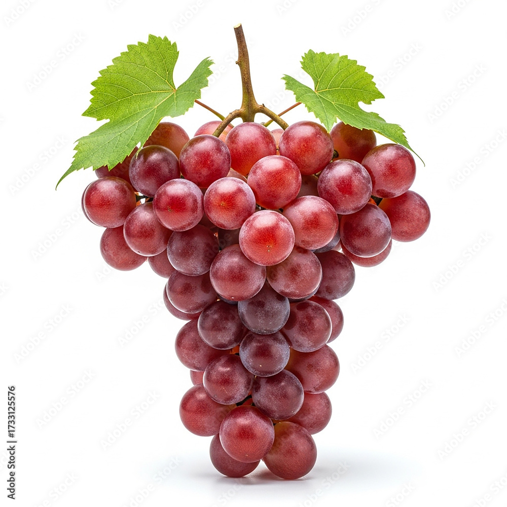 Fototapeta premium Bunch of Red Grapes with Leaves Keywords: grapes, red, bunch, fr