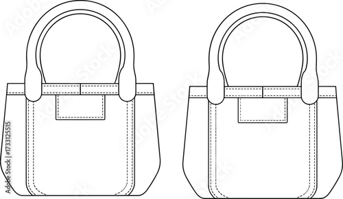 Minimalist leather handbag technical design with top handle front and back view clean outline cad drawing flat vector illustration
