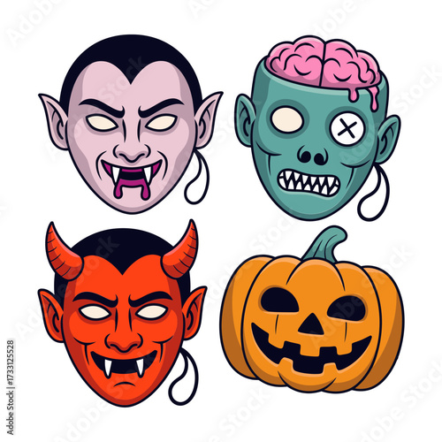 Classic horror heads collection, vampire portrait, stitched zombie brain, devil face, pumpkin lantern, clean badge icons, vector artwork