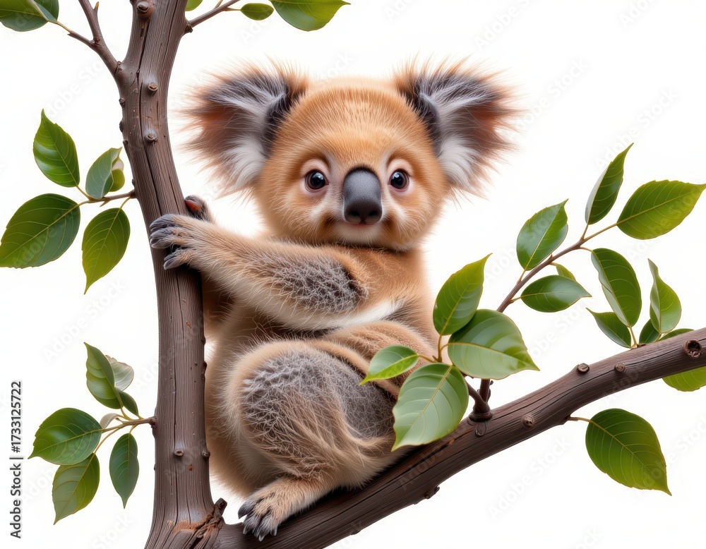 Obraz premium Cute Koala Baby Sitting on a Tree Branch Surrounded by Green Leaves