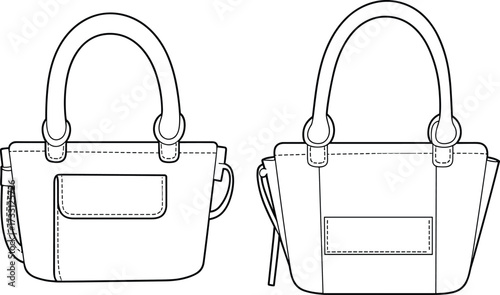 Modern leather handbag front and back view minimal clean outline technical design cad drawing flat vector illustration for fashion accessory