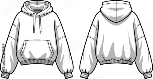 Oversized pullover hoodie sweatshirt with drawstring hood front pocket ribbed hem and cuff technical flat CAD fashion garment vector illustration design