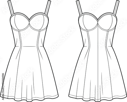 Sleeveless flared dress with fitted bustier bodice fashion technical sketch front back view sewing pattern cad drawing flat vector illustration