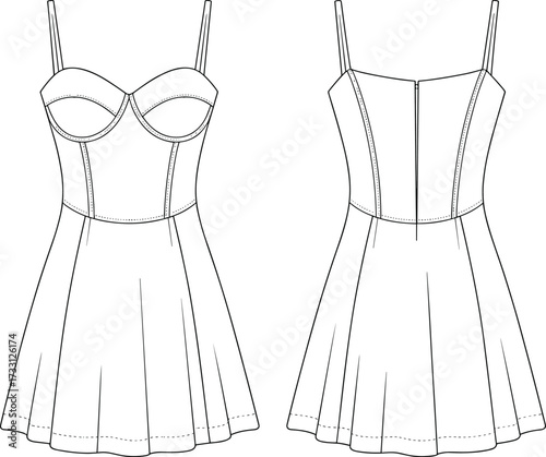 Spaghetti strap flared dress with fitted bustier bodice fashion technical sketch front and back sewing pattern cad drawing flat vector illustration