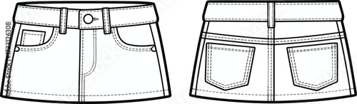 Stylish denim mini skirt front and back technical flat fashion sketch template with belt and pockets, cad drawing flat vector illustration