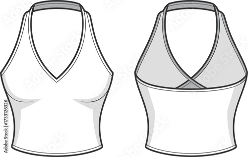 Stylish sleeveless halter neck V cut crop top with cross back detail technical flat CAD fashion garment vector illustration design