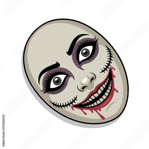 Disturbing doll face mask, tilted head grin, smeared lipstick, eerie horror vibe, halloween character art, detailed vector