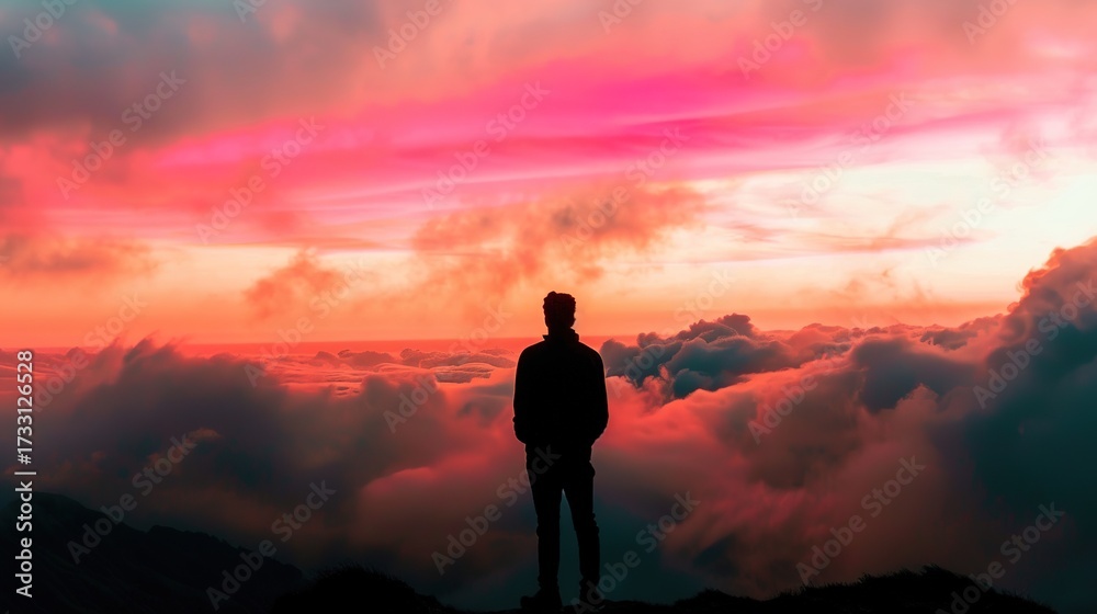 Fototapeta premium A Slim Silhouette Figure Stands Amidst Swirling Pink and Orange Cosmic Clouds, Hovering Above a Rugged Mountain Range—Crafting a Dramatic, Dreamy Scene Ideal for Fantasy, Nature, or Artistic Visuals.