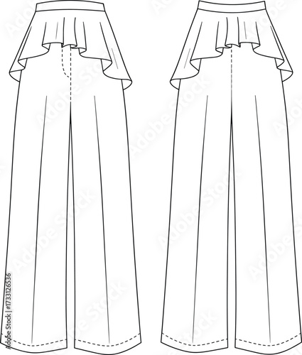 Wide leg high waist women trousers with ruffle overlay fashion garment sewing pattern technical flat cad drawing vector illustration template