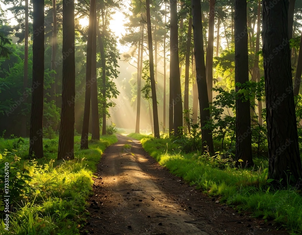 Obraz premium Sunbeams through a misty forest path