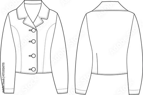 Women cropped blazer jacket technical flat fashion sketch with buttons front and back detailed sewing pattern cad drawing flat vector illustration