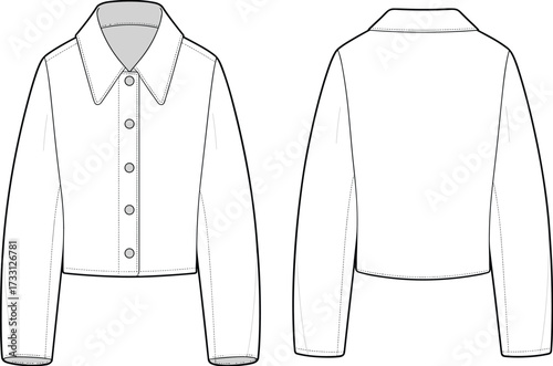 Women cropped button down jacket technical flat fashion sketch with long sleeves collar sewing pattern template cad drawing flat vector illustration