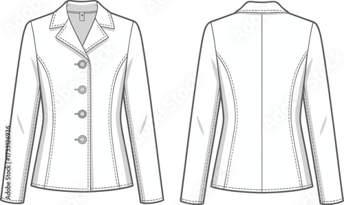 Women formal blazer technical flat fashion sketch front and back view with buttons and collar detailed sewing pattern cad drawing flat vector illustration