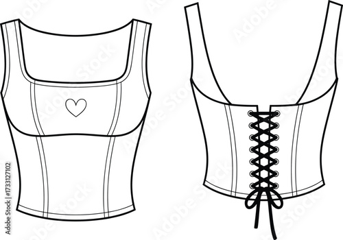 Women sleeveless lace up corset top CAD drawing flat vector illustration with heart detail, fashion design template and technical sketch