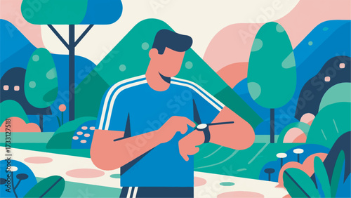 Illustration Of A Man Looking At A Watch, In A Garden Atmosphere In The Morning Vector Design Template