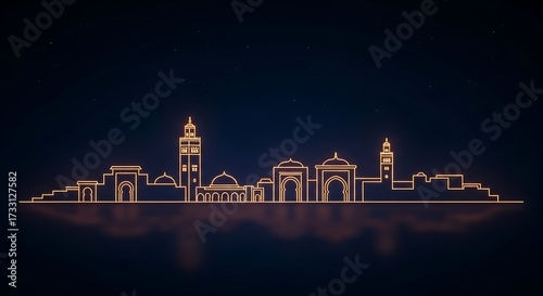Golden Moroccan skyline illustration under starry midnight sky backdrop