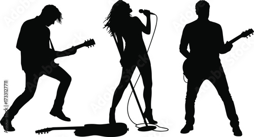 Silhouette rock band with electric guitar players and female singer performing live concert on stage, music entertainment, festival show, crowd performance