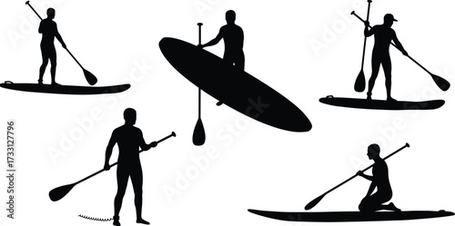 Silhouette set of people paddleboarding on water with paddles, stand up paddle sport, outdoor summer recreation, ocean surfing lifestyle activity