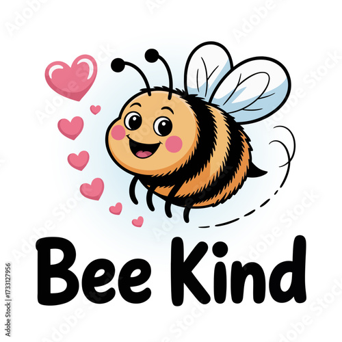 smiling bee with hearts, bee kind phrase lettering, friendly positivity theme, cute spring mascot, cheerful vector design