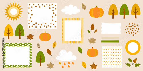 Collection of autumn elements including pumpkins trees leaves sun clouds and decorative frames