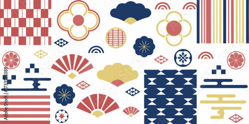 Traditional japanese patterns and motifs in red blue and gold on a white background