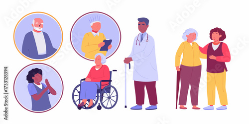Diverse group of people including elderly individuals a doctor and caregivers in a healthcare setting
